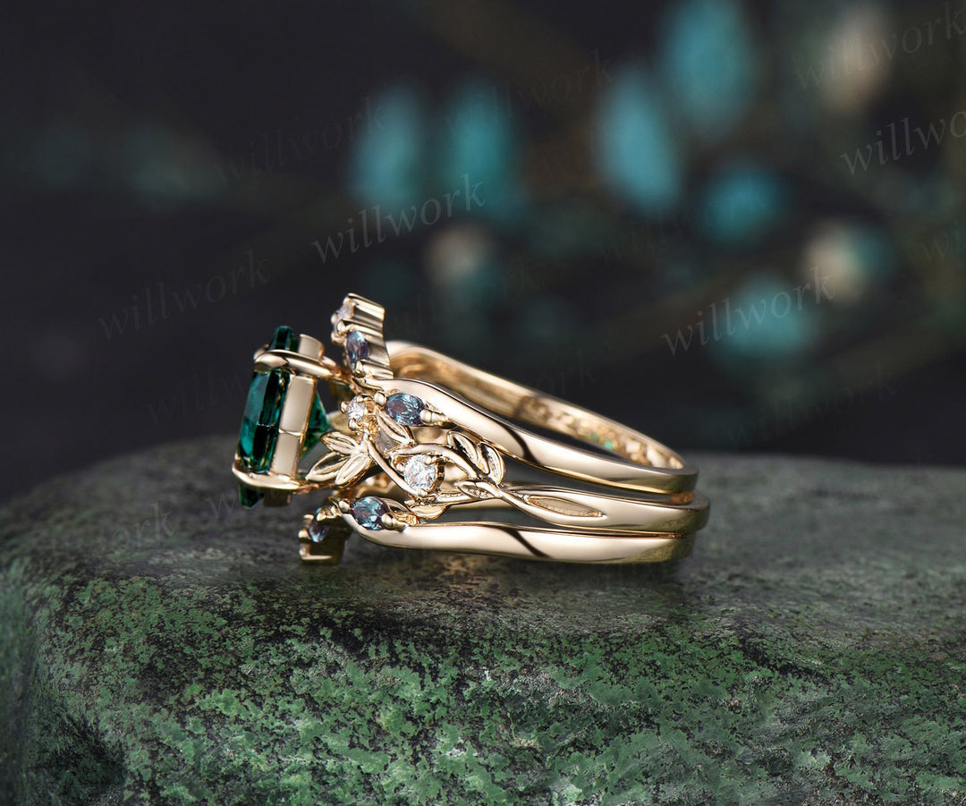 Princess cut green emerald engagement ring set 14k yellow gold five stone leaf branch Nature inspired alexandrite bridal ring set women gift