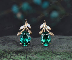 Oval cut green emerald earrings solid 14k yellow gold vintage leaf marquise opal drop earrings women anniversary gift jewelry