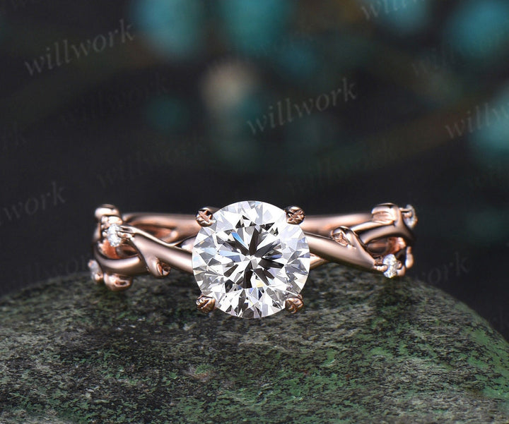 1ct round cut Lab grown diamond engagement ring solid 14k 18k rose gold branch twig five stone vintage wedding promise ring set women