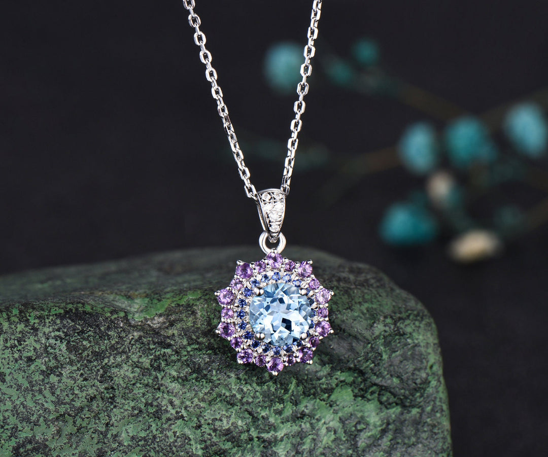 1ct round cut aquamarine necklace white gold snowdrift double halo sapphire amethyst pendant women anniversary gift jewelry