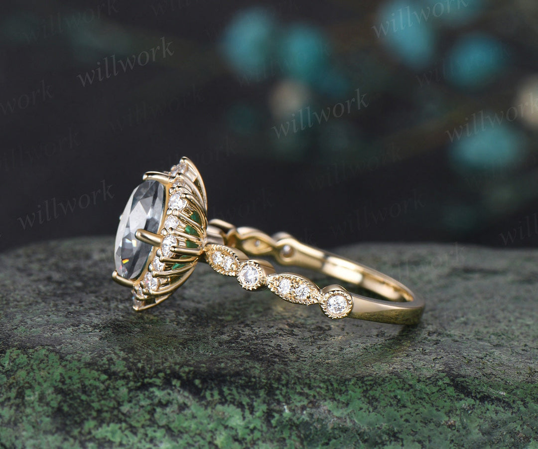 Vintage oval cut moissanite engagement ring 14k yellow gold milgrain bezel halo diamond unique wedding promise anniversary ring women