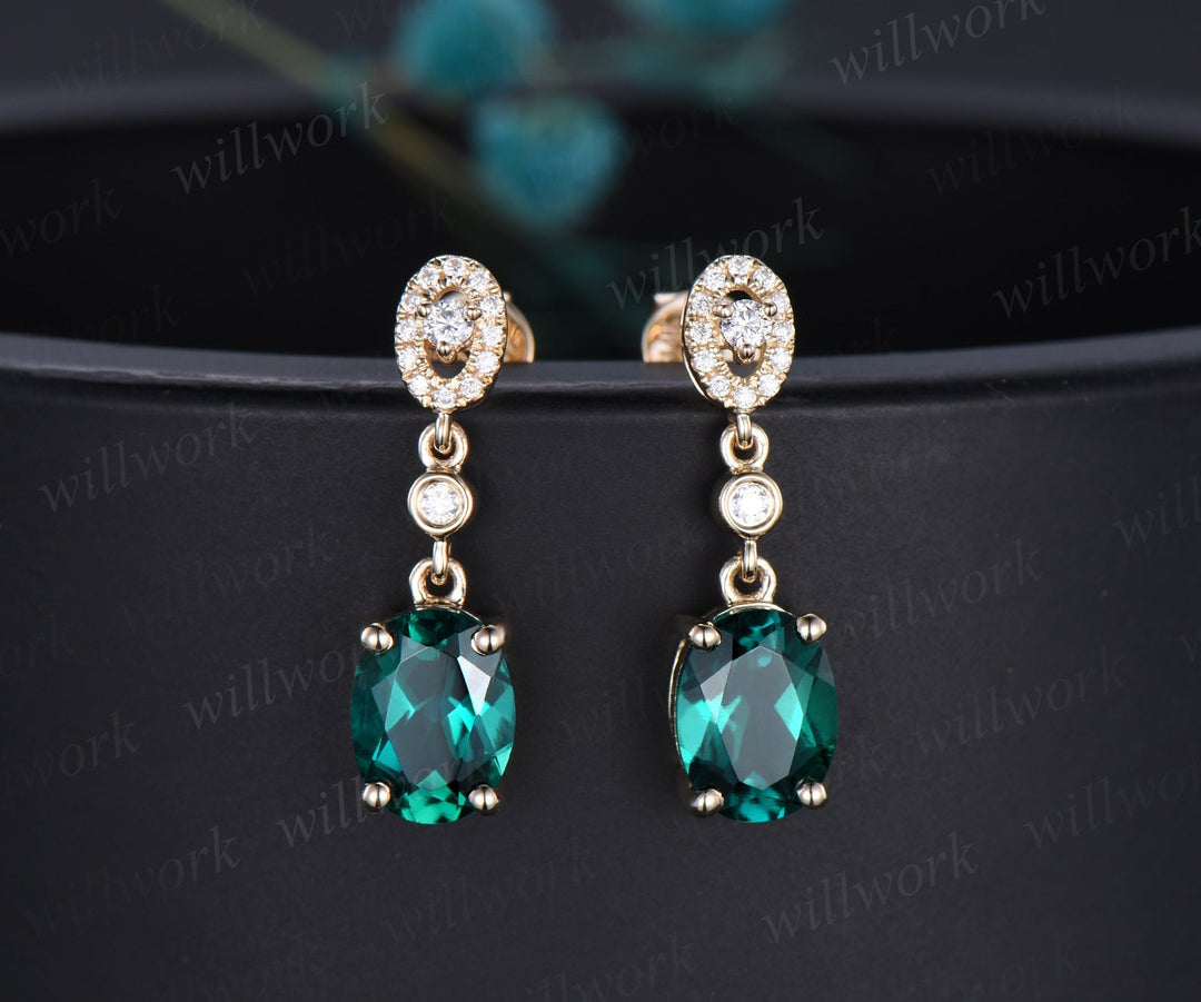 Vintage oval cut green emerald earrings solid 14k yellow gold halo