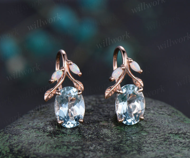 Oval cut aquamarine earrings solid 14k yellow gold vintage leaf marquise opal drop earrings women anniversary gift jewelry