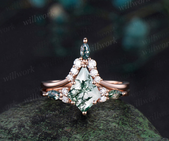 Unique kite cut green moss agate engagement ring set rose gold moissanite stacking wedding bridal ring set women jewelry