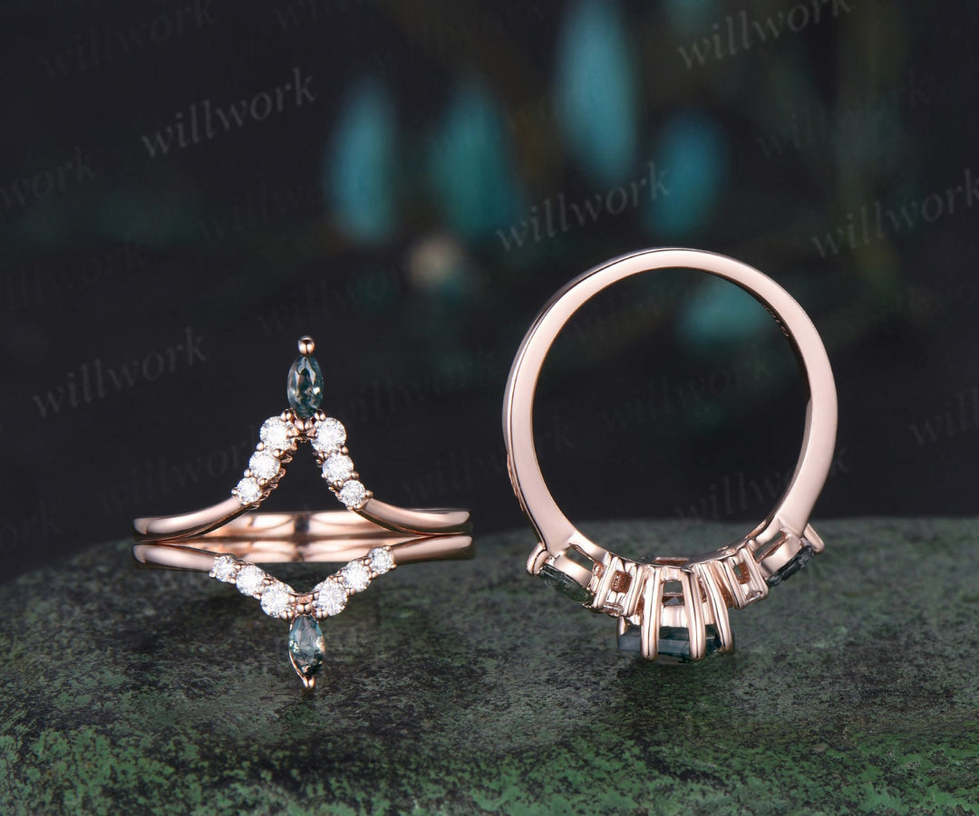 Unique kite cut green moss agate engagement ring set rose gold moissanite stacking wedding bridal ring set women jewelry