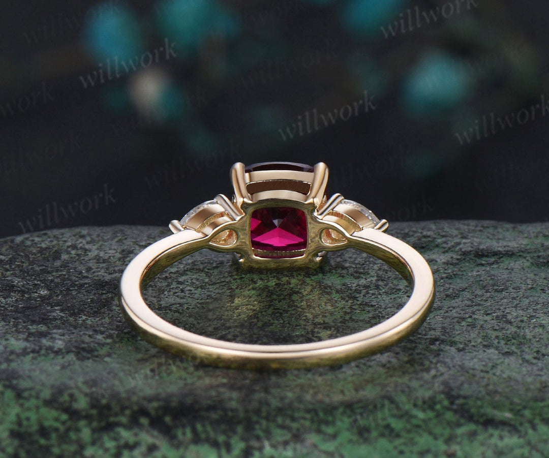 Cushion cut red ruby engagement ring solid 14k yellow gold claw prong three stone pear diamond promise anniversary ring women