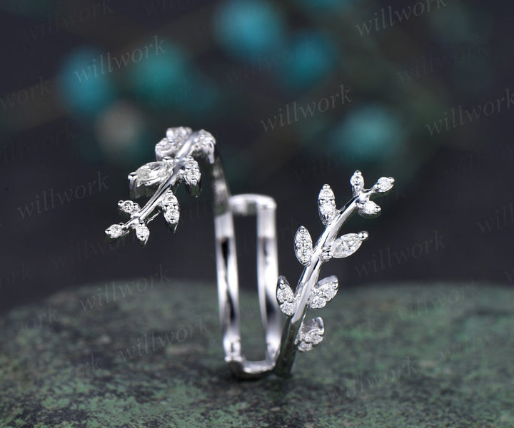 Leaf diamond wedding band enhancer wraps solid 14k white gold cluster double open gap wedding ring women unique anniversary gift