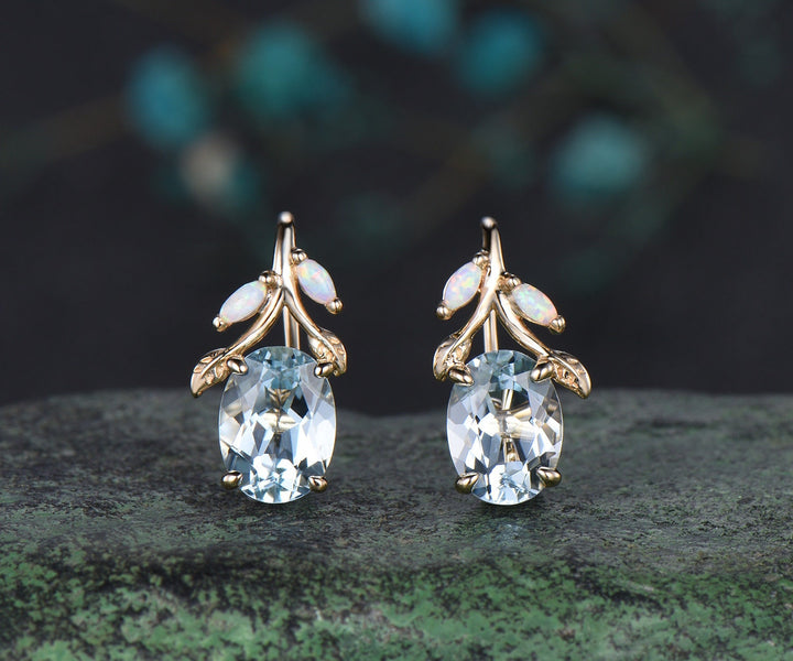 Oval cut aquamarine earrings solid 14k yellow gold vintage leaf marquise opal drop earrings women anniversary gift jewelry