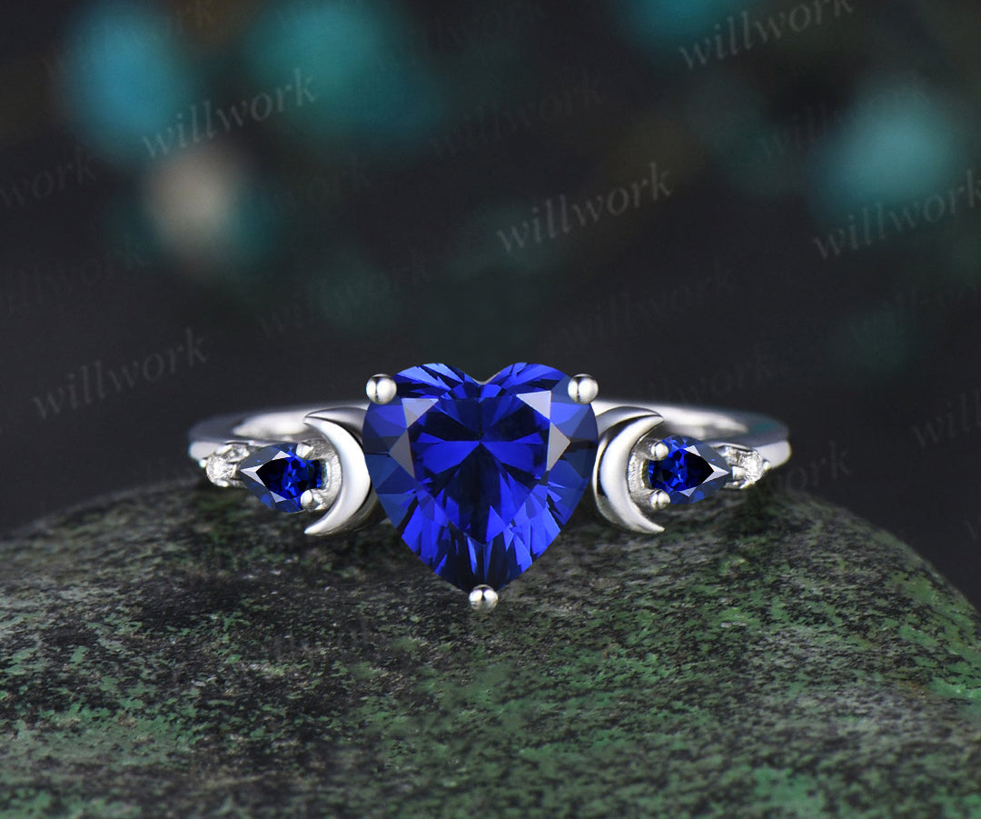 Unique heart cut sapphire engagement ring set five stones art deco moon ring moissanite sapphire wedding band bridal set