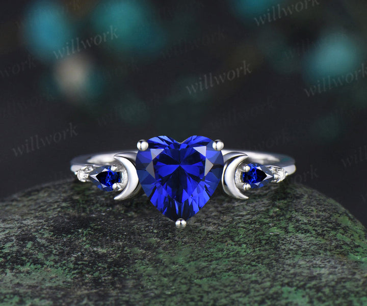 Unique heart cut sapphire engagement ring set five stones art deco moon ring moissanite sapphire wedding band bridal set