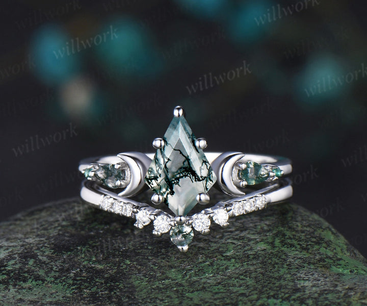 Unique kite cut moss agate engagement ring set women white gold 6 prong five stone moon bridal ring set