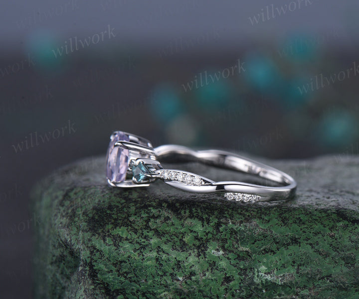 Round cut Lavender Amethyst engagement ring white gold kite alexandrite twisted diamond ring vintage wedding anniversary ring gift