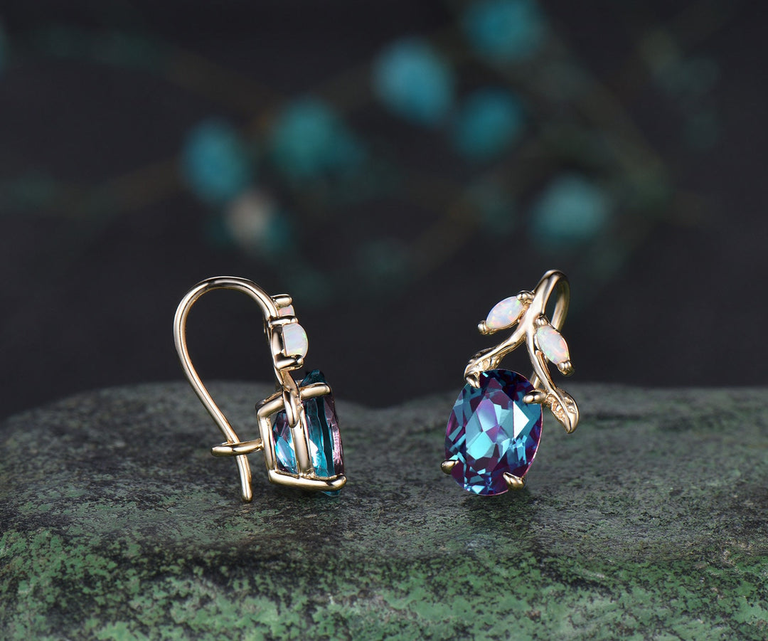 Oval cut alexandrite earrings solid 14k yellow gold vintage leaf marquise opal drop earrings women anniversary gift jewelry