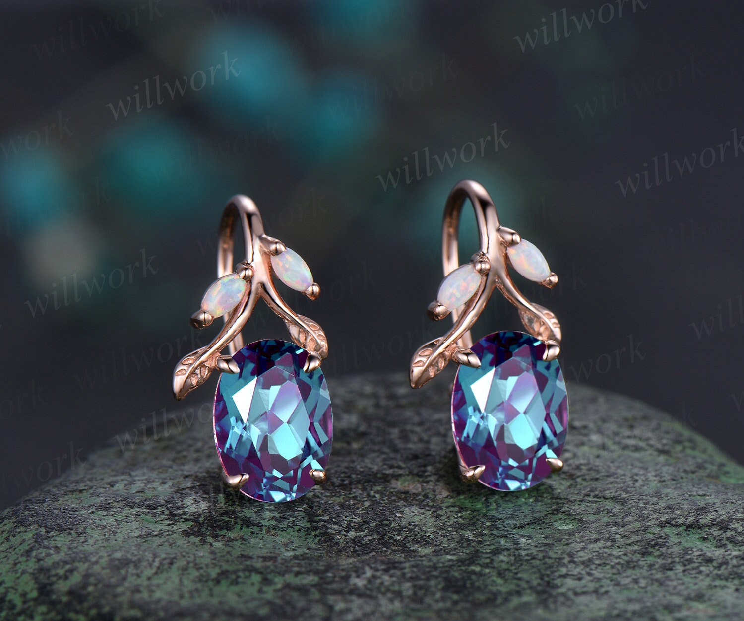 Oval cut alexandrite earrings solid 14k yellow gold vintage leaf