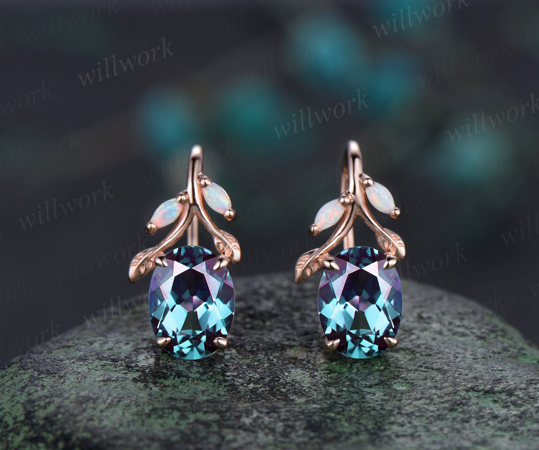 Oval cut alexandrite earrings solid 14k yellow gold vintage leaf marquise opal drop earrings women anniversary gift jewelry