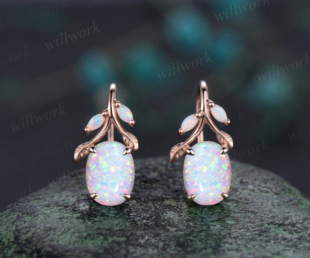 Oval cut white opal earrings solid 14k yellow gold vintage leaf marquise opal drop earrings women anniversary gift jewelry