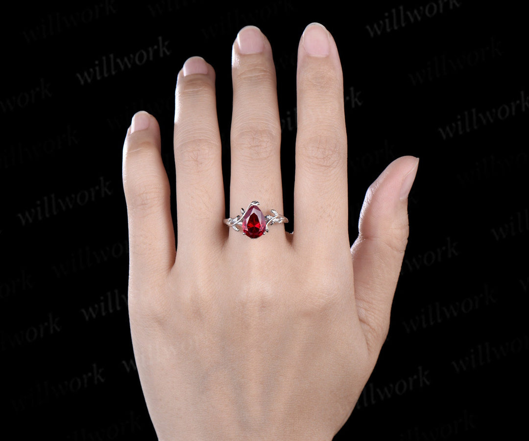 Pear shaped red ruby engagement ring 14k white gold branches leaf Leaves twig nature inspired ring twisted promise wedding ring women