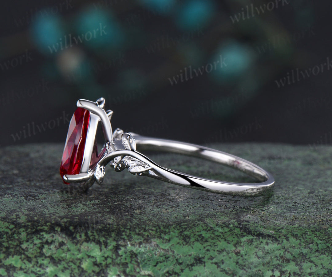 Pear shaped red ruby engagement ring 14k white gold branches leaf Leaves twig nature inspired ring twisted promise wedding ring women