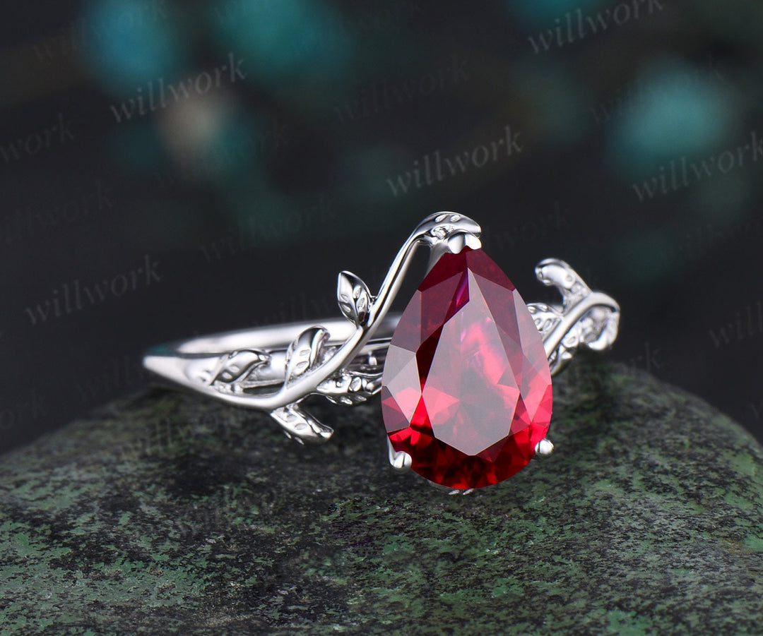 Pear shaped red ruby engagement ring 14k white gold branches leaf Leaves twig nature inspired ring twisted promise wedding ring women