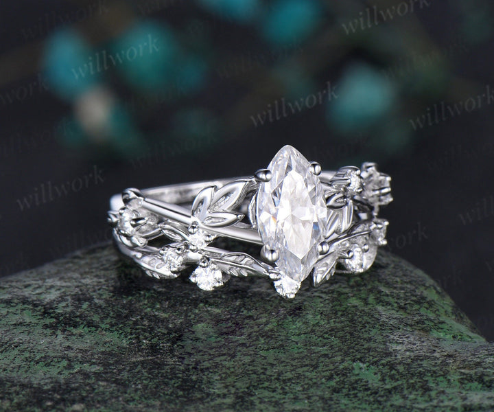 1ct marquise cut moissanite engagement ring set solid 14k yellow gold twig leaf stacking diamond wedding ring set women jewelry