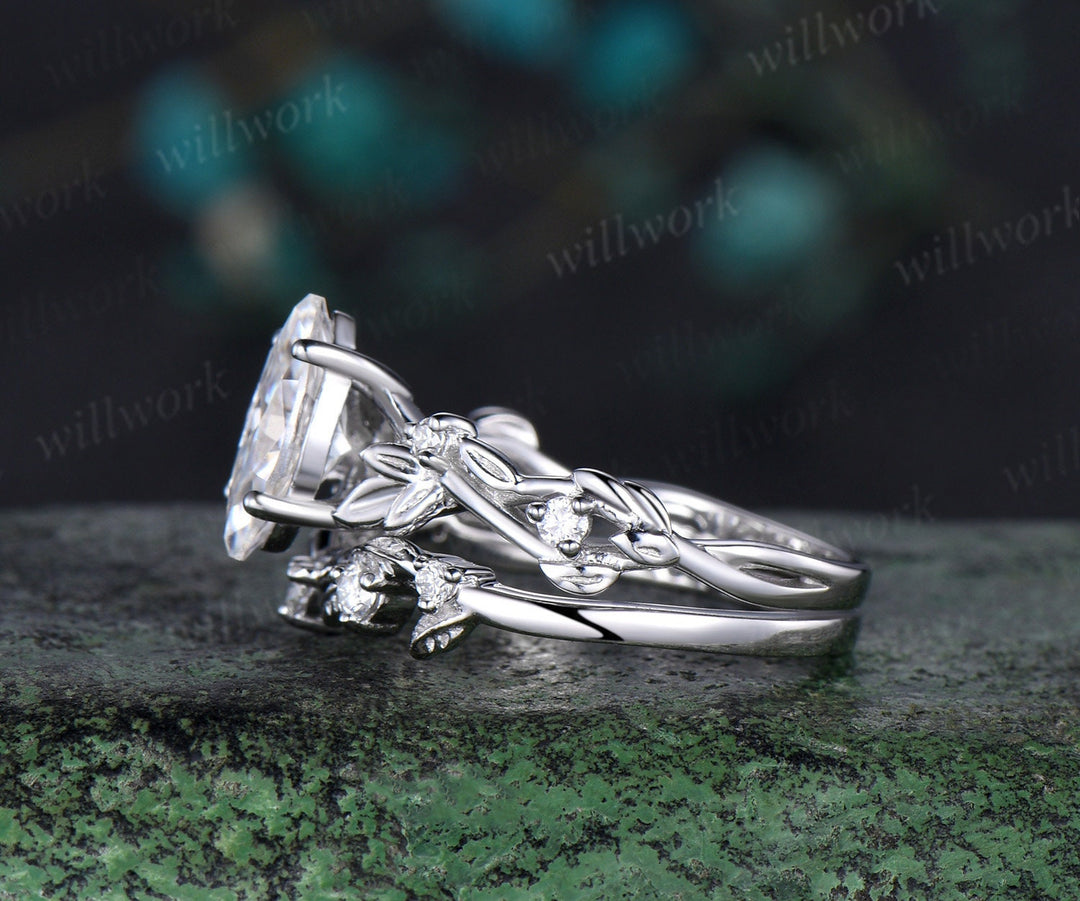 1ct marquise cut moissanite engagement ring set solid 14k yellow gold twig leaf stacking diamond wedding ring set women jewelry