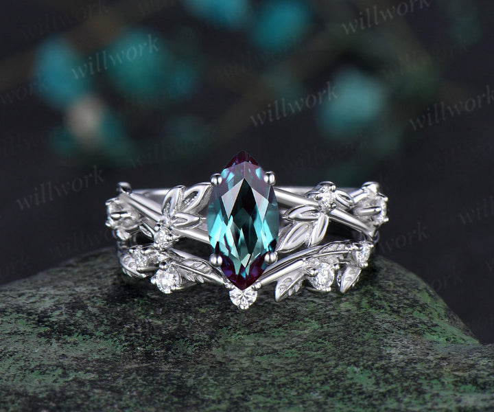 1ct marquise cut alexandrite engagement ring set solid 14k white gold twig leaf stacking diamond wedding ring set women jewelry