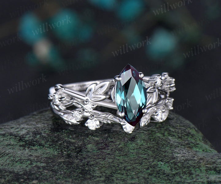 1ct marquise cut alexandrite engagement ring set solid 14k white gold twig leaf stacking diamond wedding ring set women jewelry