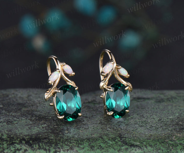 Oval cut green emerald earrings solid 14k yellow gold vintage leaf marquise opal drop earrings women anniversary gift jewelry