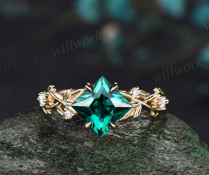Princess cut green emerald engagement ring set 14k yellow gold five stone leaf branch Nature inspired alexandrite bridal ring set women gift