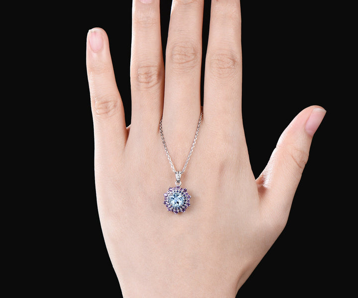 1ct round cut aquamarine necklace white gold snowdrift double halo sapphire amethyst pendant women anniversary gift jewelry