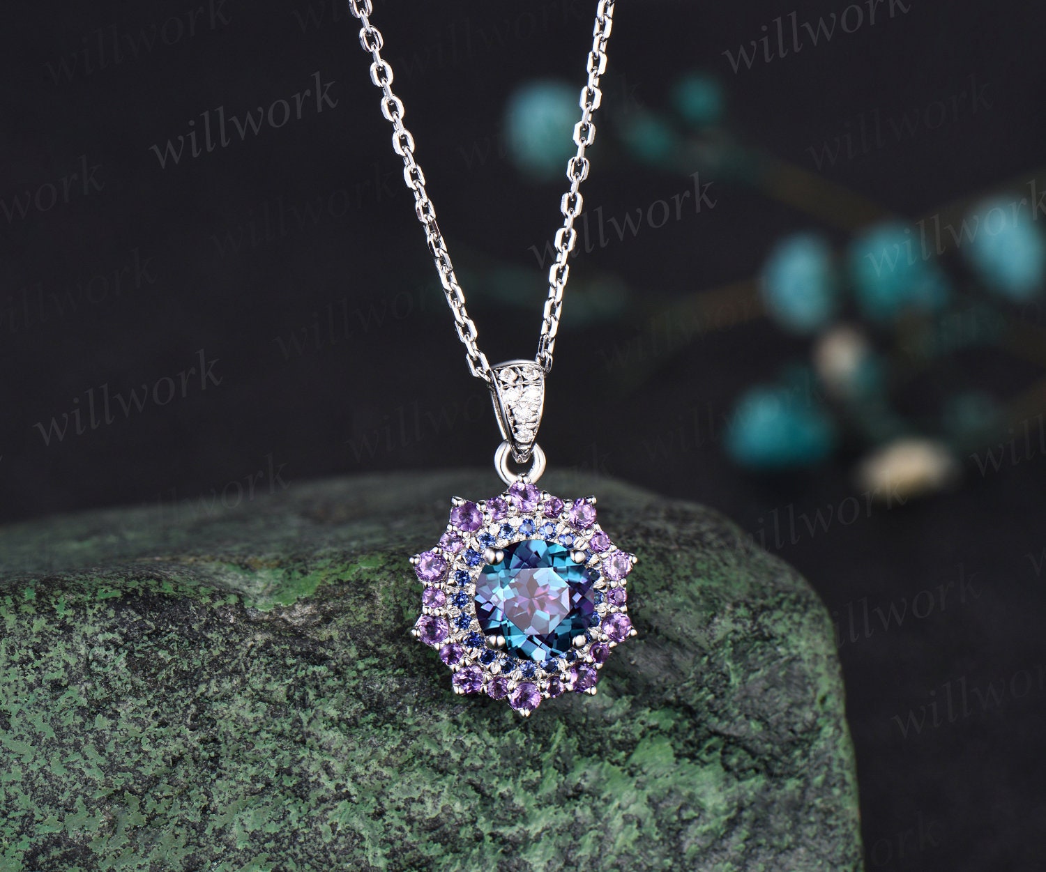 1ct Round Cut Alexandrite Necklace White Gold Snowdrift Double Halo Sapphire Amethyst Pendant Women Color Change Gemstone Anniversary Gift 14K White