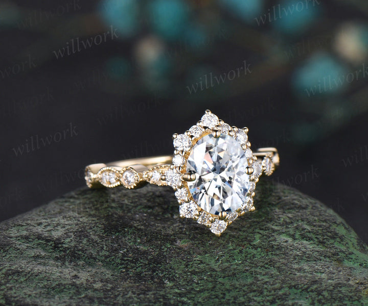 Vintage oval cut moissanite engagement ring 14k yellow gold milgrain bezel halo diamond unique wedding promise anniversary ring women