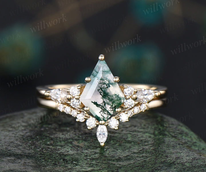 Vintage kite cut green moss agate engagement ring set white gold marquise diamond ring women unique bridal wedding ring set sterling silver