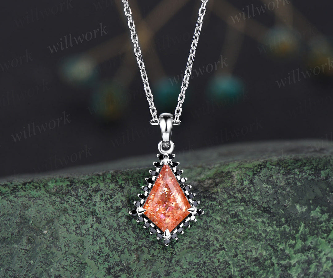 Unique kite cut sunstone necklace solid 14k 18k rose gold halo black diamond pendant for women May birthstone mother anniversary gift