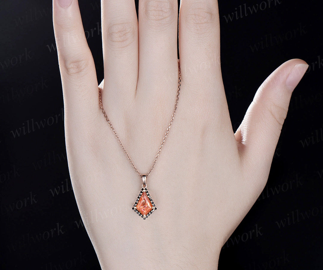 Unique kite cut sunstone necklace solid 14k 18k rose gold halo black diamond pendant for women May birthstone mother anniversary gift