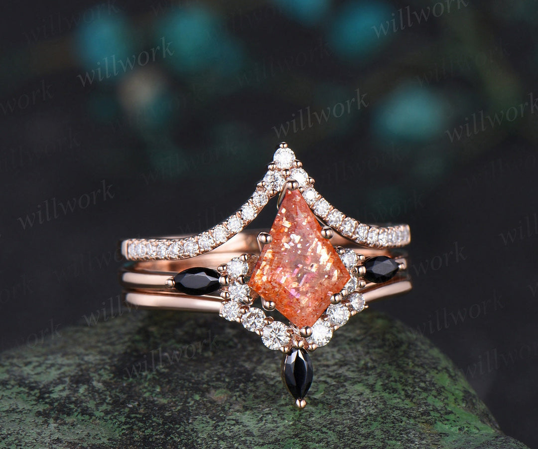 Kite cut orange sunstone engagement ring rose gold stacking moissanite black spinel wedding bridal ring set women