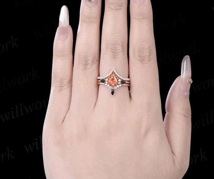 Kite cut orange sunstone engagement ring rose gold stacking moissanite black spinel wedding bridal ring set women