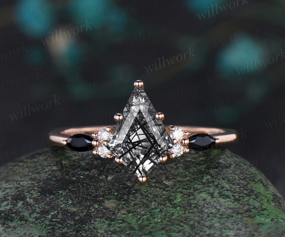 Kite cut black rutilated quartz engagement ring rose gold stacking moissanite black spinel wedding bridal ring set women