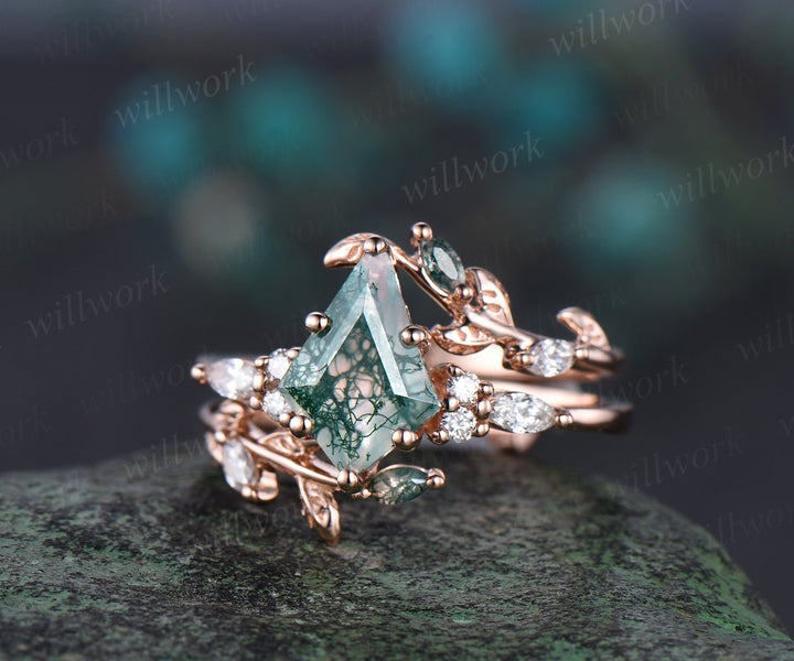 Vintage kite cut moss agate engagement ring leaf stacking rose gold diamond wedding promise ring set women jewelry