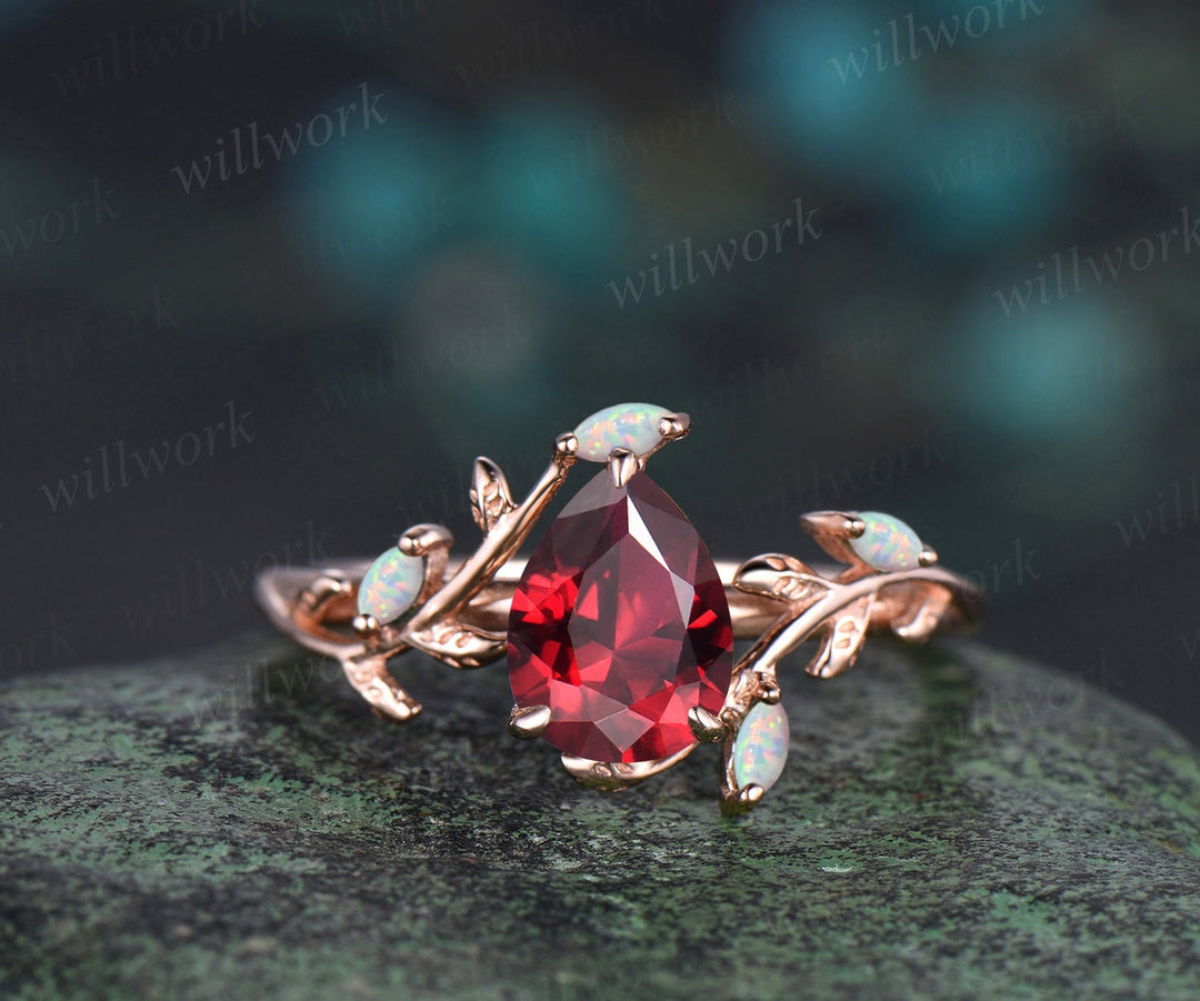 Vintage pear cut red ruby engagement ring solid 14k rose gold branch leaf opal stacking bridal anniversary ring set women jewelry