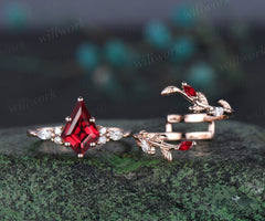 Unique kite cut red ruby engagement ring twig leaf rose gold diamond enhancer wedding anniversary ring women 6 prong gemstone gift