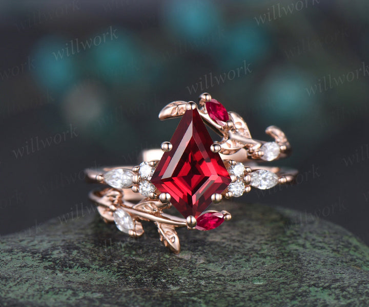 Unique kite cut red ruby engagement ring twig leaf rose gold diamond enhancer wedding anniversary ring women 6 prong gemstone gift