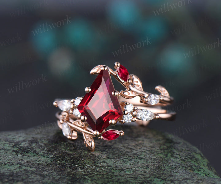 Unique kite cut red ruby engagement ring twig leaf rose gold diamond enhancer wedding anniversary ring women 6 prong gemstone gift