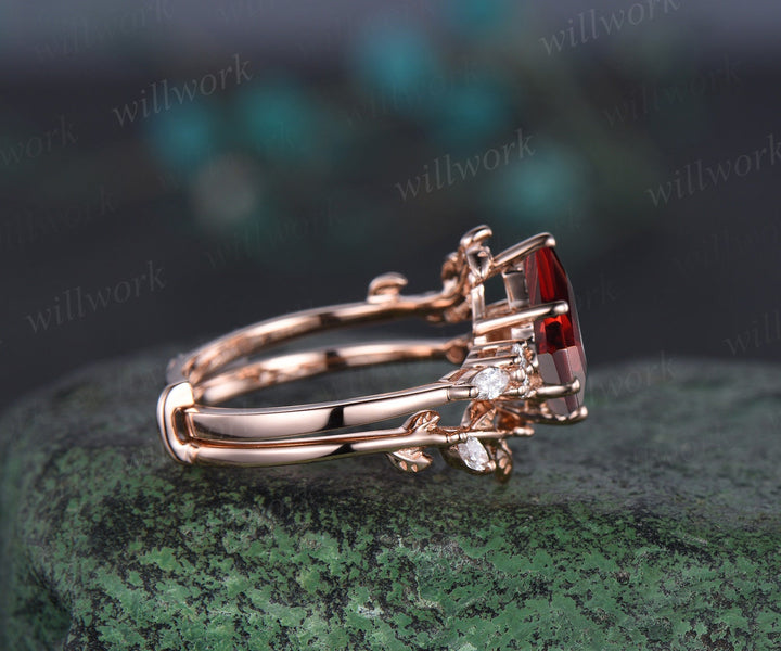 Unique kite cut red ruby engagement ring twig leaf rose gold diamond enhancer wedding anniversary ring women 6 prong gemstone gift