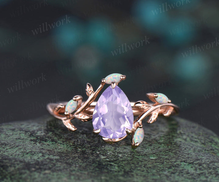 Vintage pear cut Lavender Amethyst engagement ring rose gold Crystal nature inspired leaf opal stacking bridal anniversary ring set women