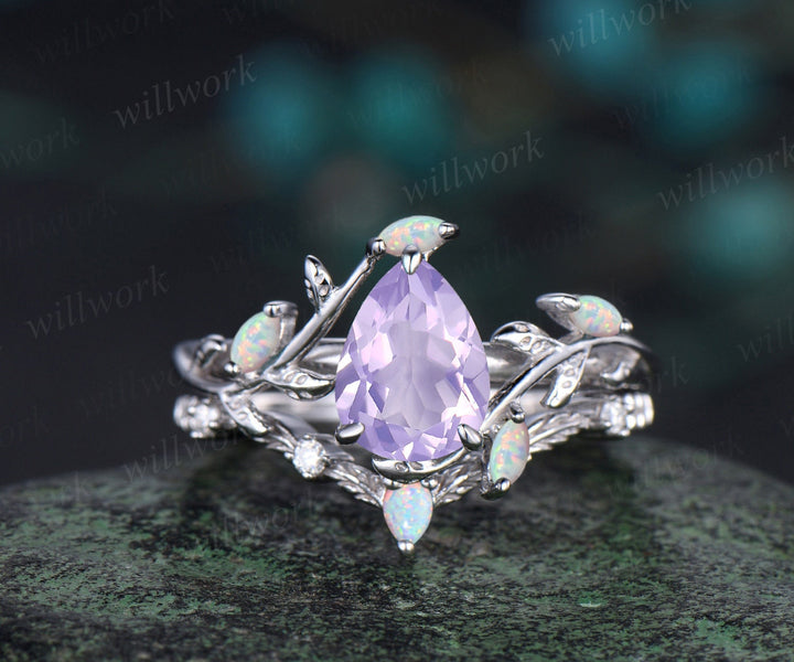 Vintage pear cut Lavender Amethyst engagement ring rose gold Crystal nature inspired leaf opal stacking bridal anniversary ring set women