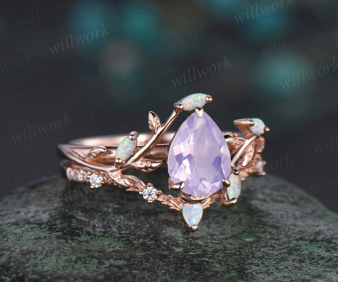 Vintage pear cut Lavender Amethyst engagement ring rose gold Crystal nature inspired leaf opal stacking bridal anniversary ring set women