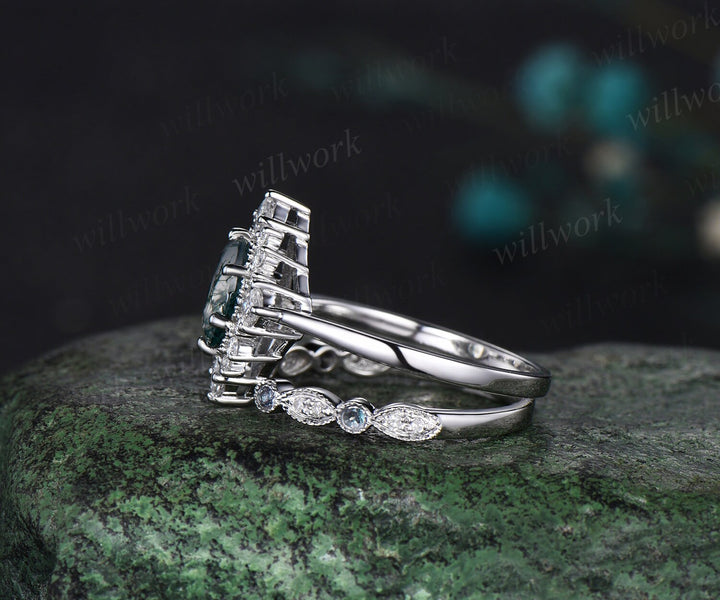Oval cut moss agate engagement ring white gold halo princess diamond bridal ring set women alexandrite open gap wedding band