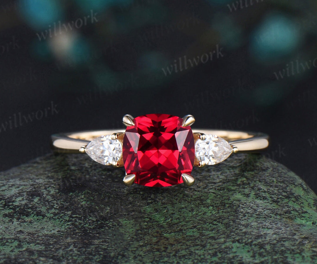 Cushion cut red ruby engagement ring solid 14k yellow gold claw prong three stone pear diamond promise anniversary ring women