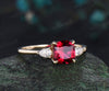 Cushion cut red ruby engagement ring solid 14k yellow gold claw prong three stone pear diamond promise anniversary ring women